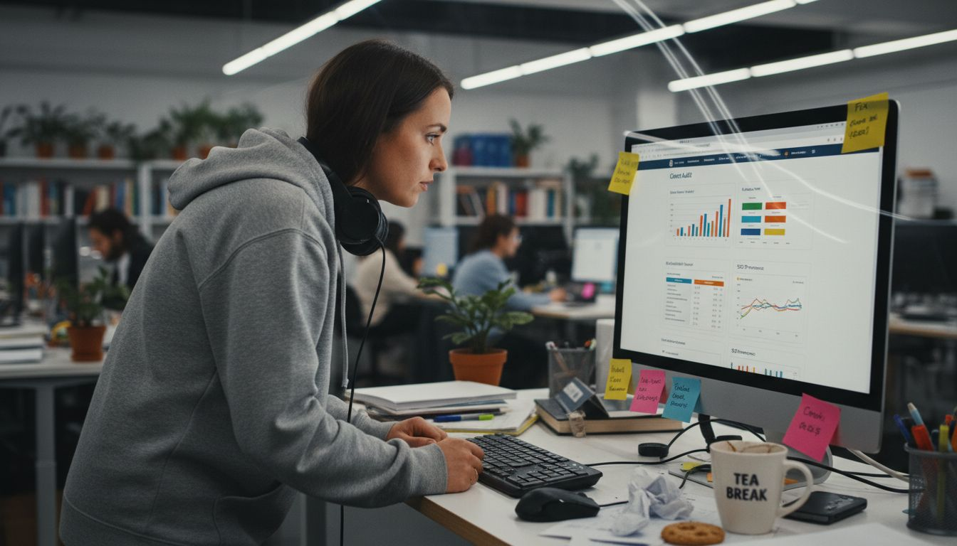 Web designer auditing business website for trust