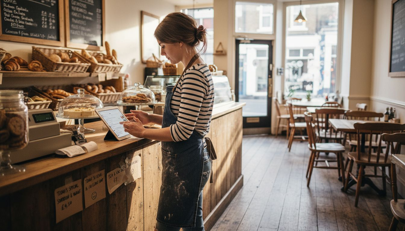 Bakery owner checking customer reviews on tablet
