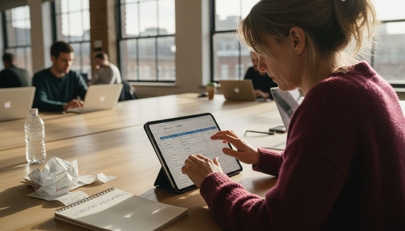 Woman tracking local keywords on tablet