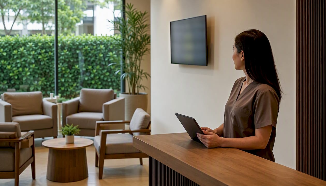 Receptionist managing digital queue display
