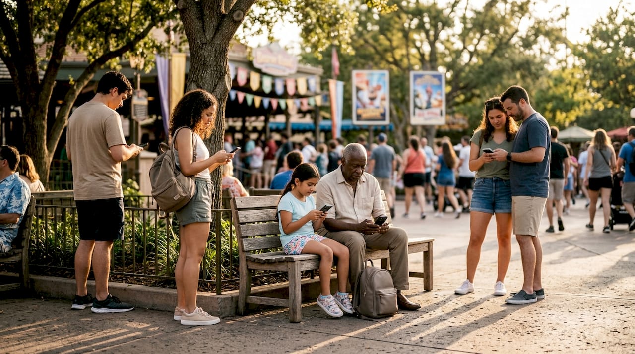Theme park guests using virtual boarding groups