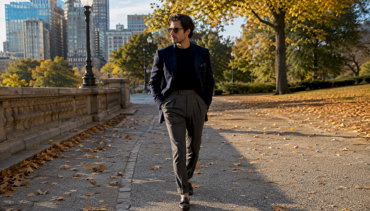 Man styling Gurkha trousers with jacket and shoes outdoors