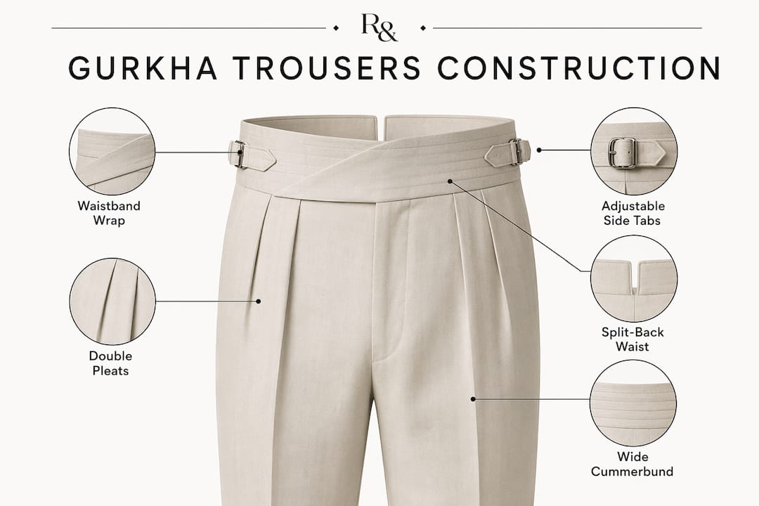 Infographic outlining key construction elements of Gurkha trousers