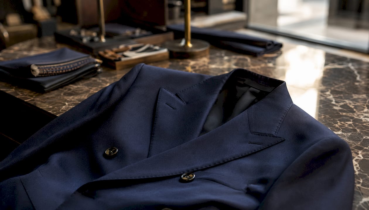 Close-up of double-breasted suit fabric and buttons