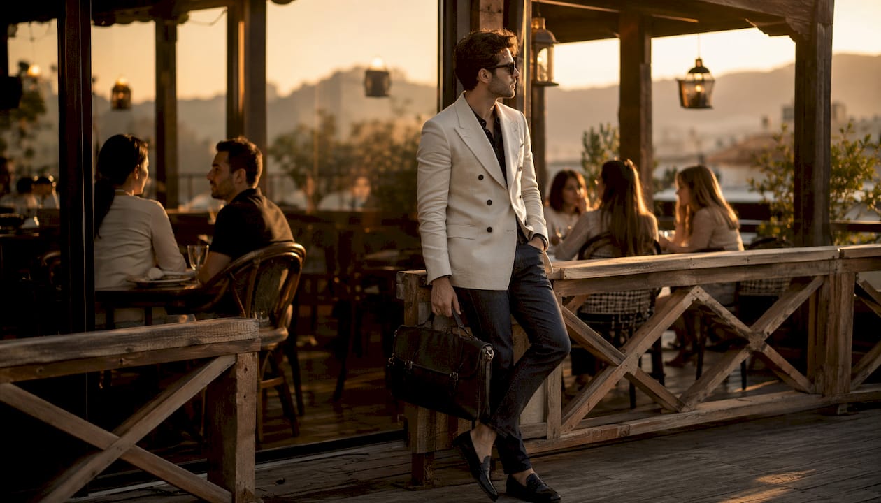 Young man styled casual in double-breasted blazer outdoors
