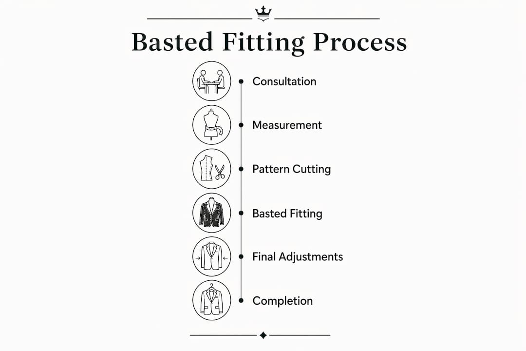Infographic illustrating basted fitting process timeline