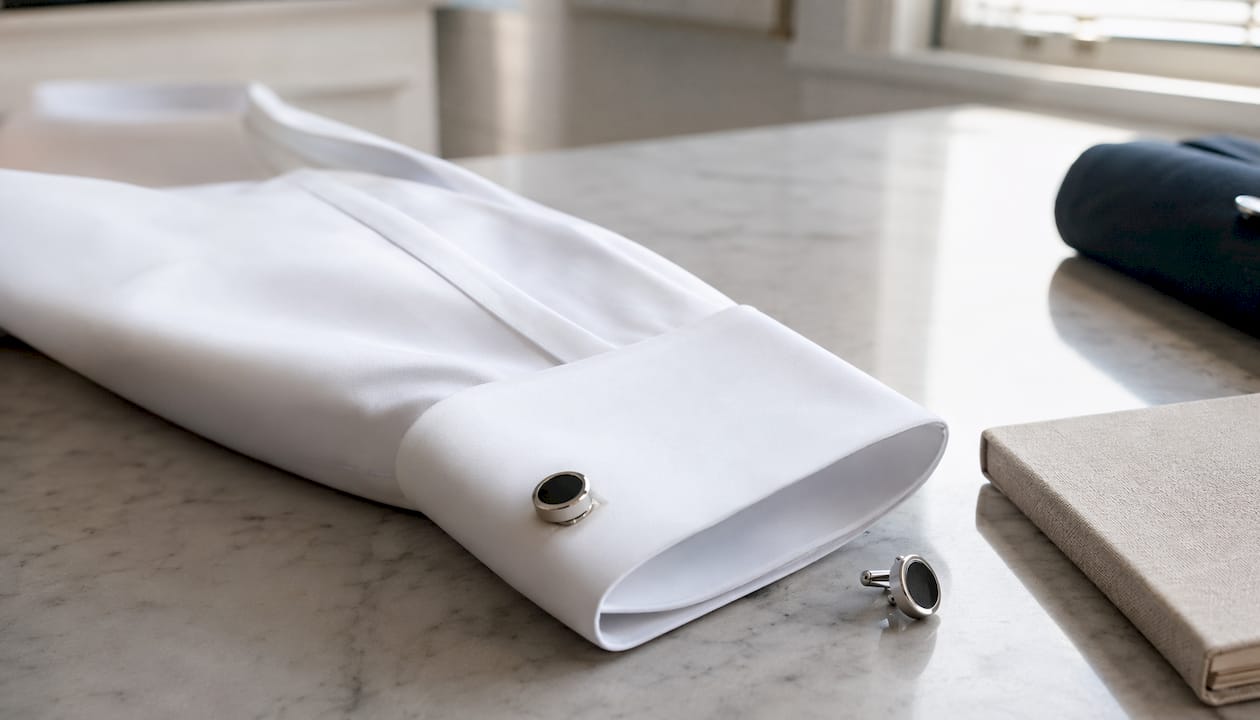 Close-up of French placket and cufflinks on white shirt