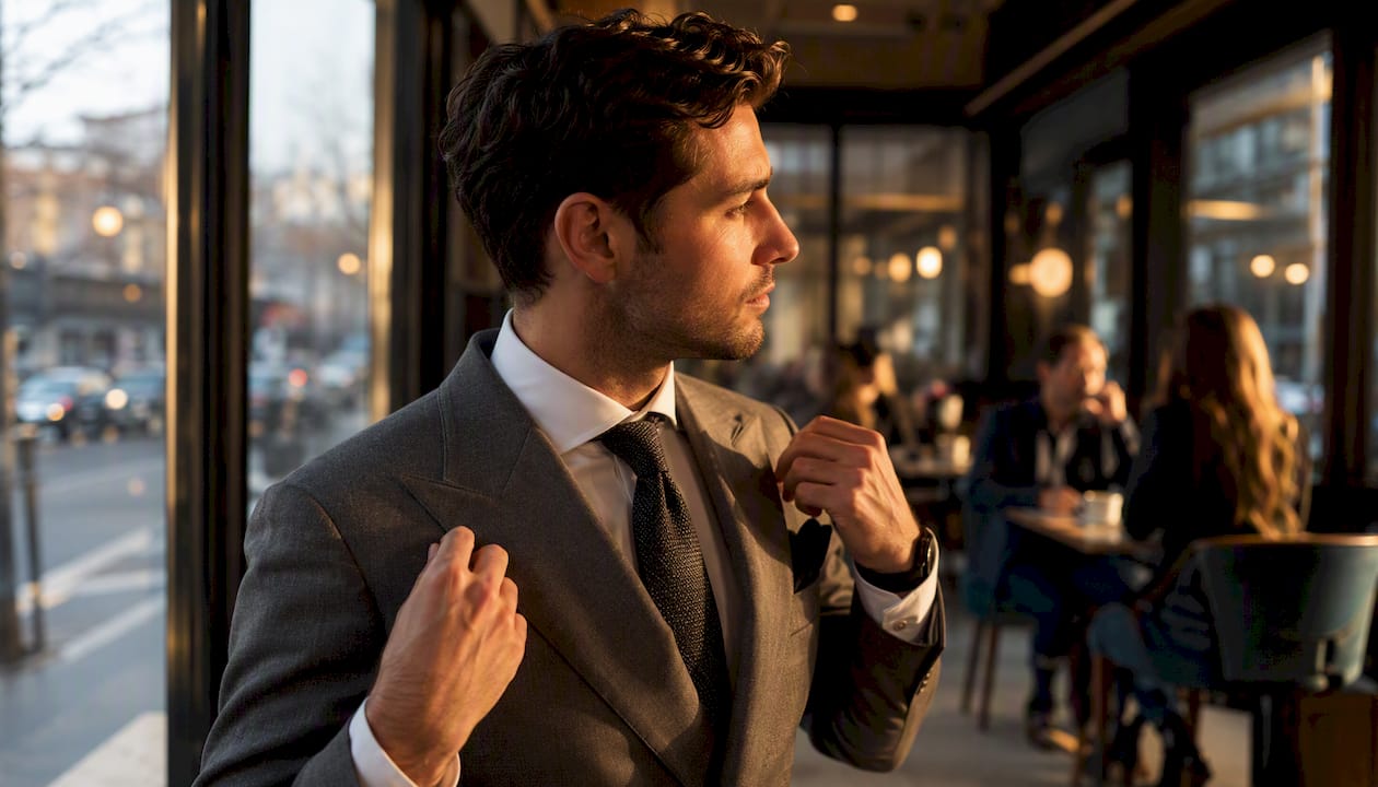 Man adjusting peak lapel suit outdoors