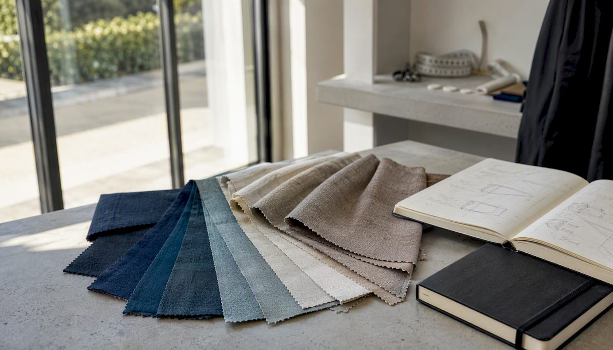 Fabric swatches and tailoring tools on wood table