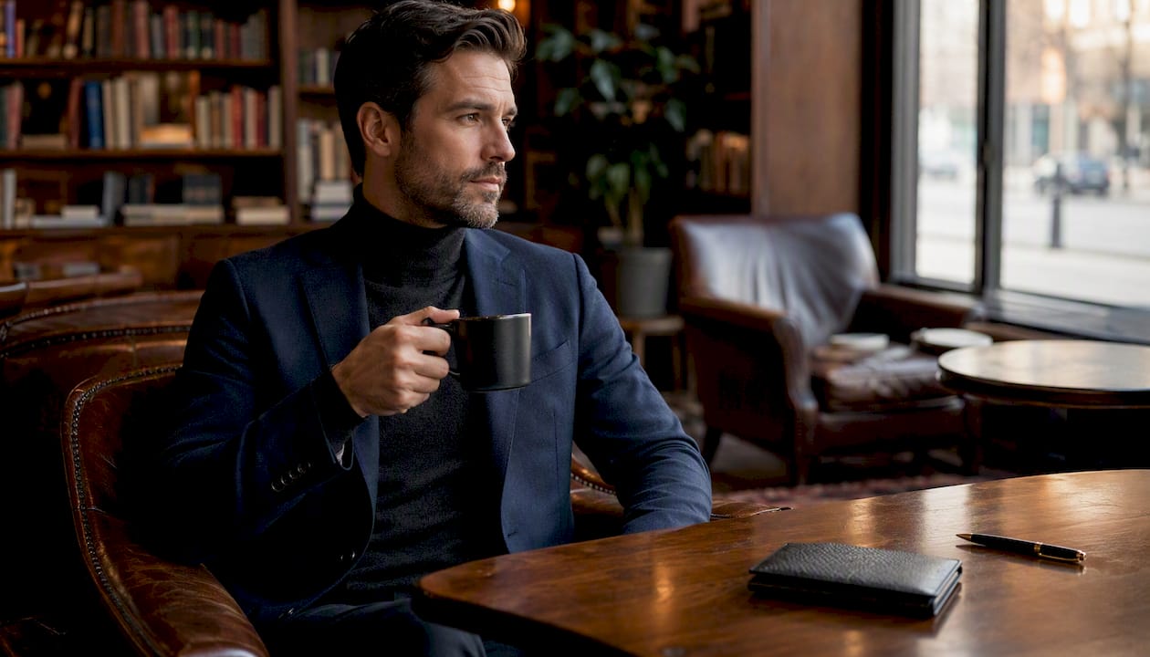 Man wearing turtleneck and blazer holding coffee cup