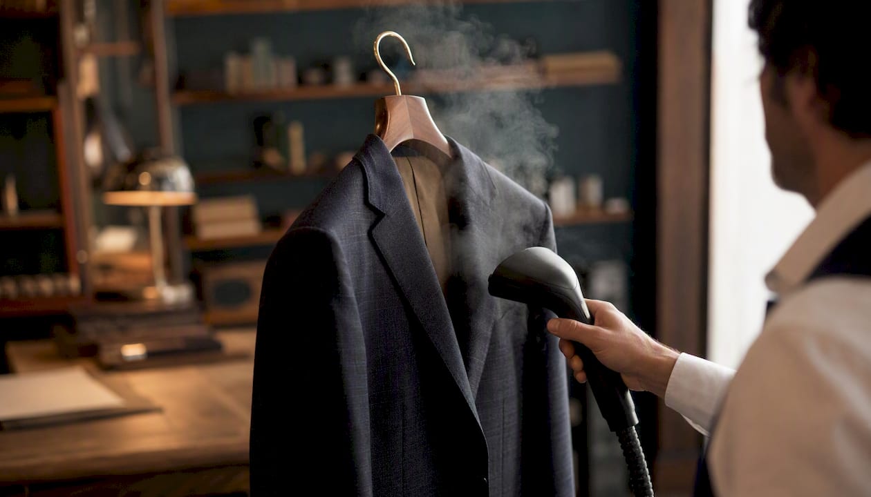Hand steaming canvassed suit jacket for care