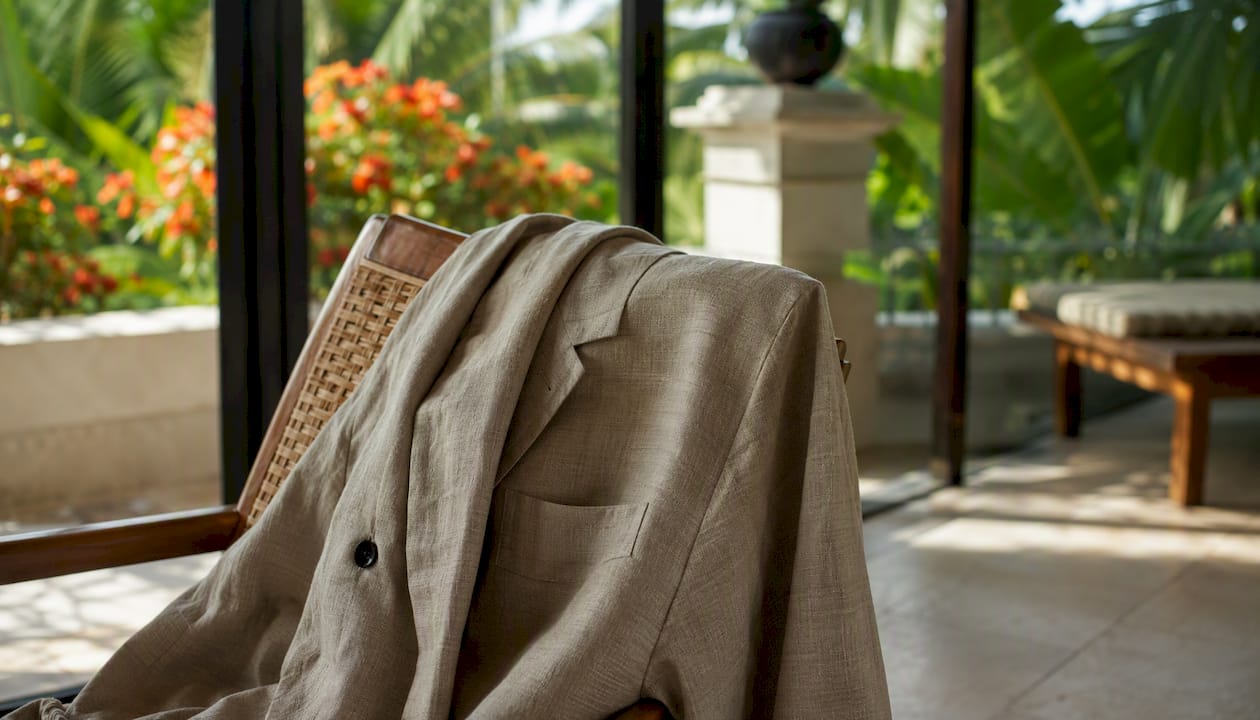 Unstructured linen blazer fabric detail