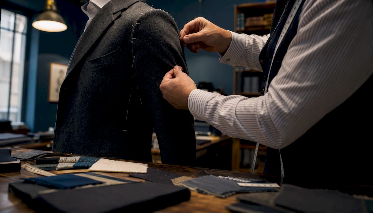 Tailor pinning fit adjustments on wool jacket