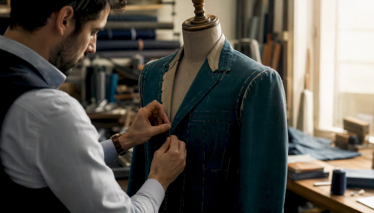 Tailor adjusting baste fitting jacket on mannequin