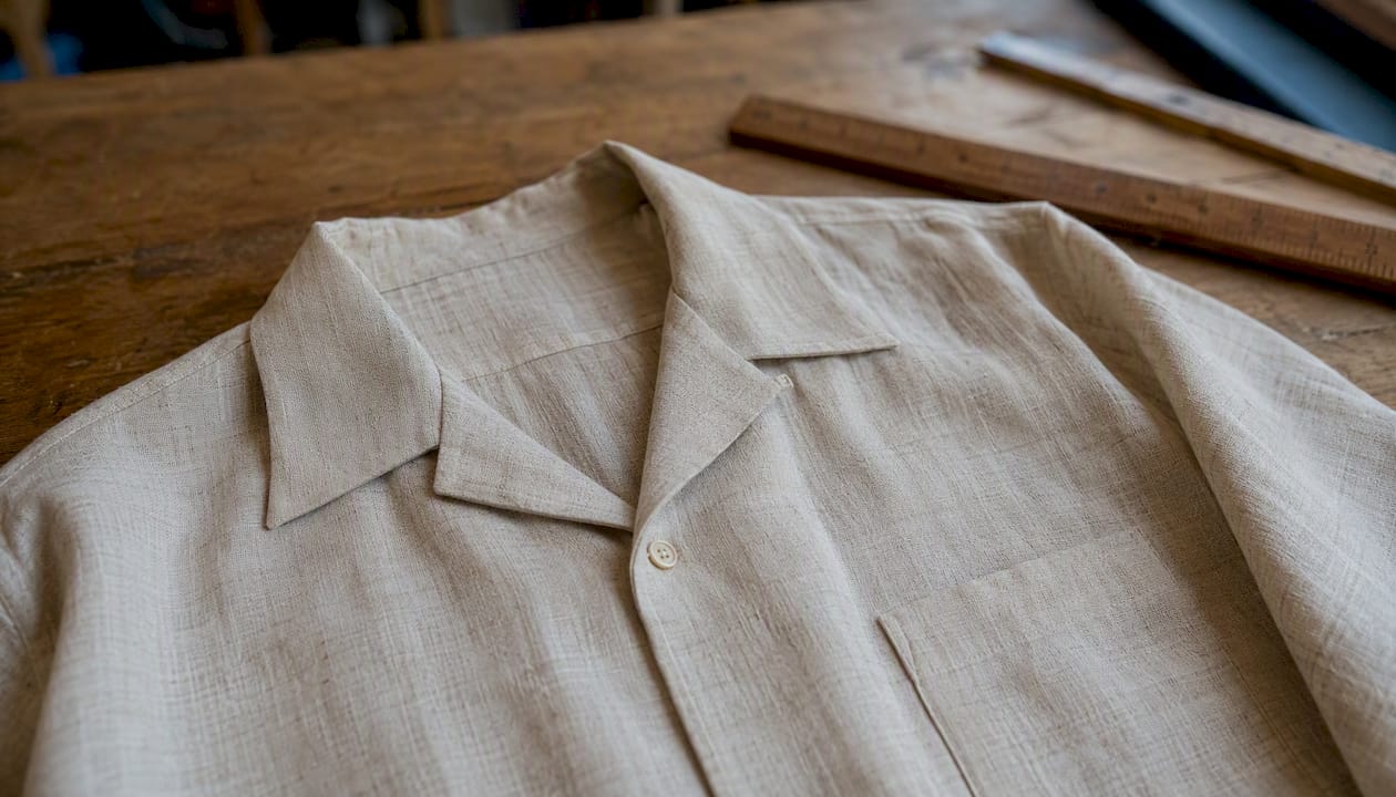 Close-up of linen camp collar shirt fabric texture