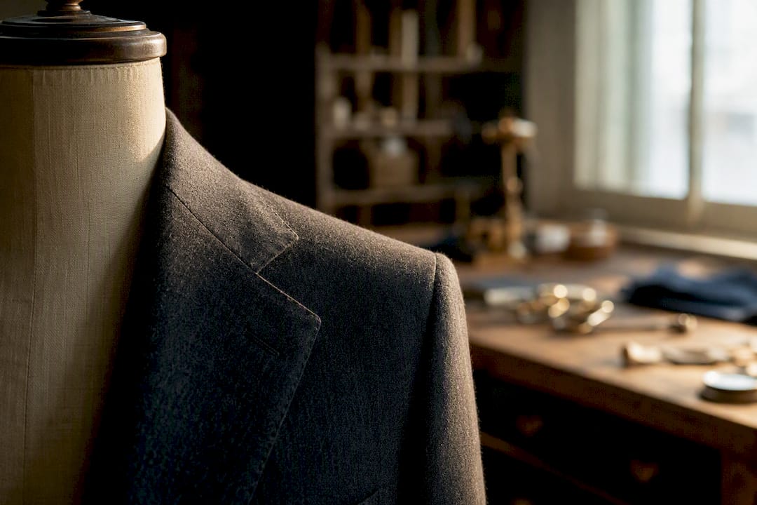 Close detail of notch lapel on navy jacket