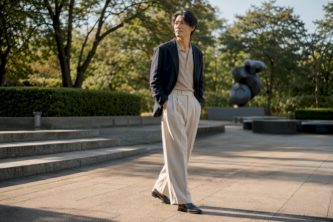 Casual outfit with wide leg tailored trousers