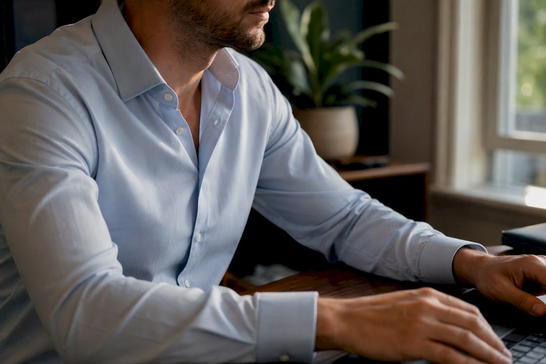Man in button-down collar shirt with open neck, no tie