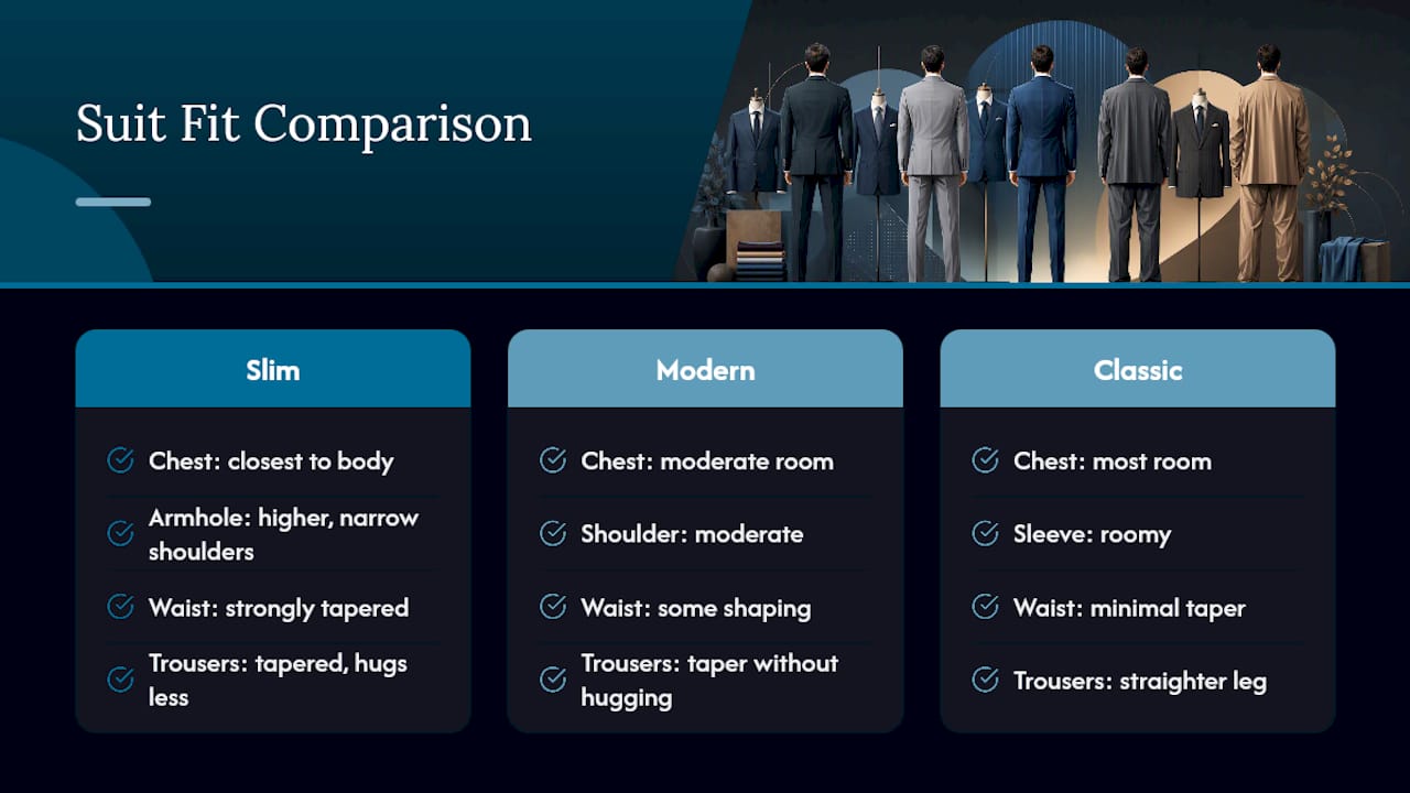 Comparison chart of slim, modern, and classic suit fits