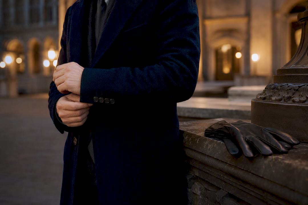Hand buttoning dark wool overcoat cuff outdoors