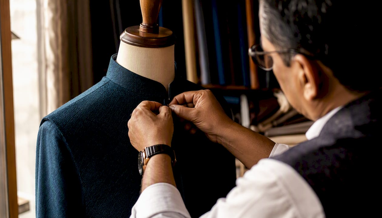 Tailor pinning traditional Nehru jacket collar