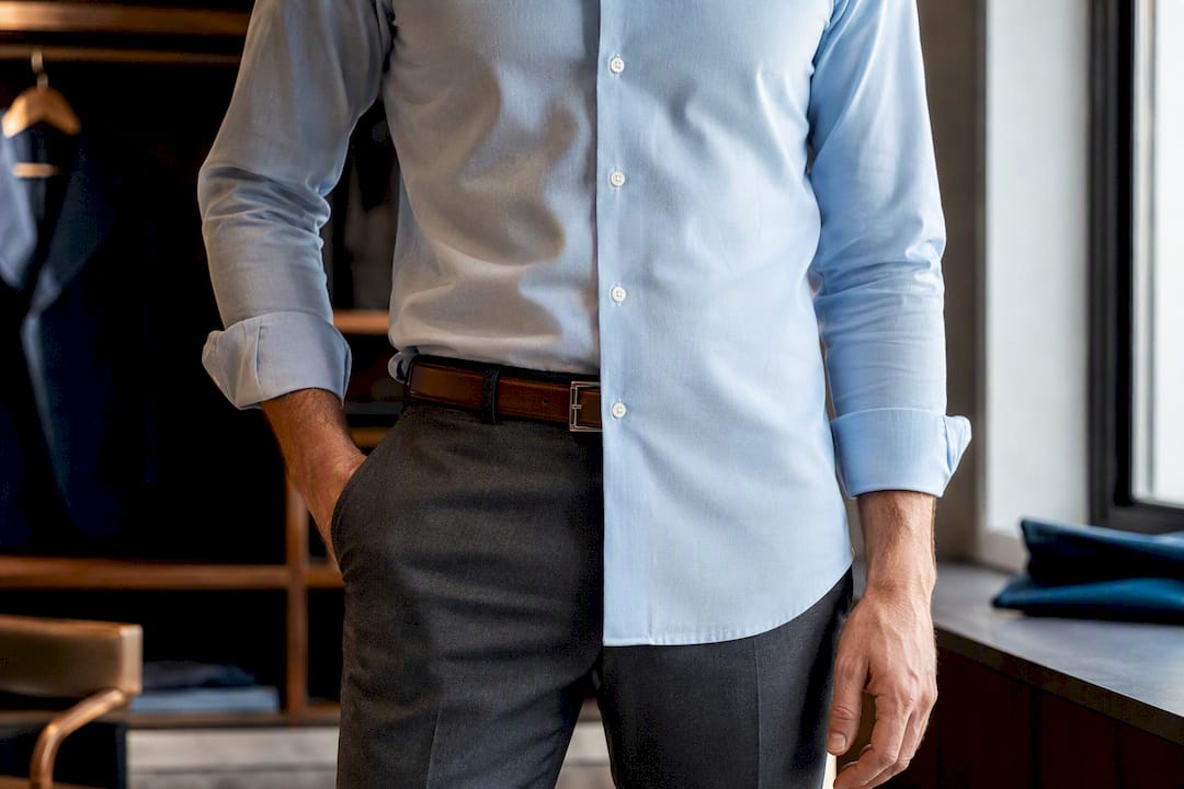 Shirt hem shown tucked and untucked