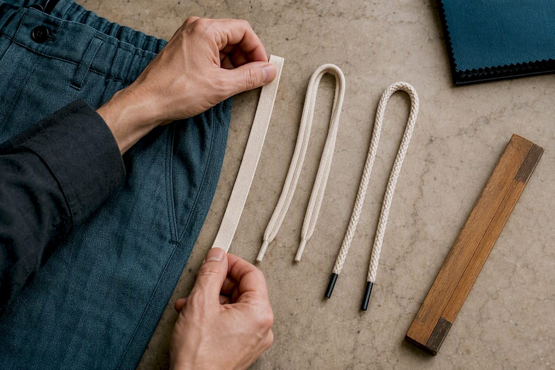 Tailor comparing drawstring cord materials