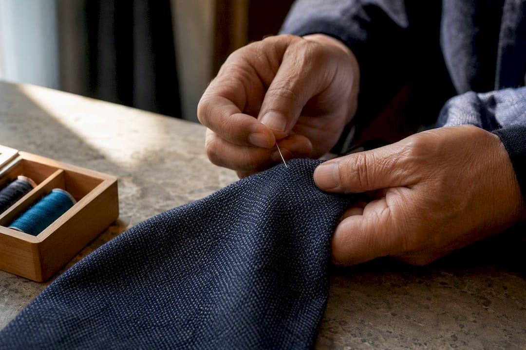 Tailor easing snag back through hopsack cloth