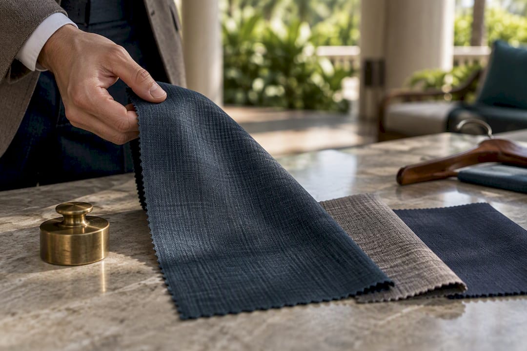 Lightweight evening wool fabric being tested