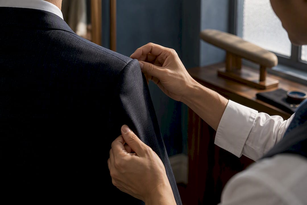 Tailor inspecting formal jacket shoulder fit