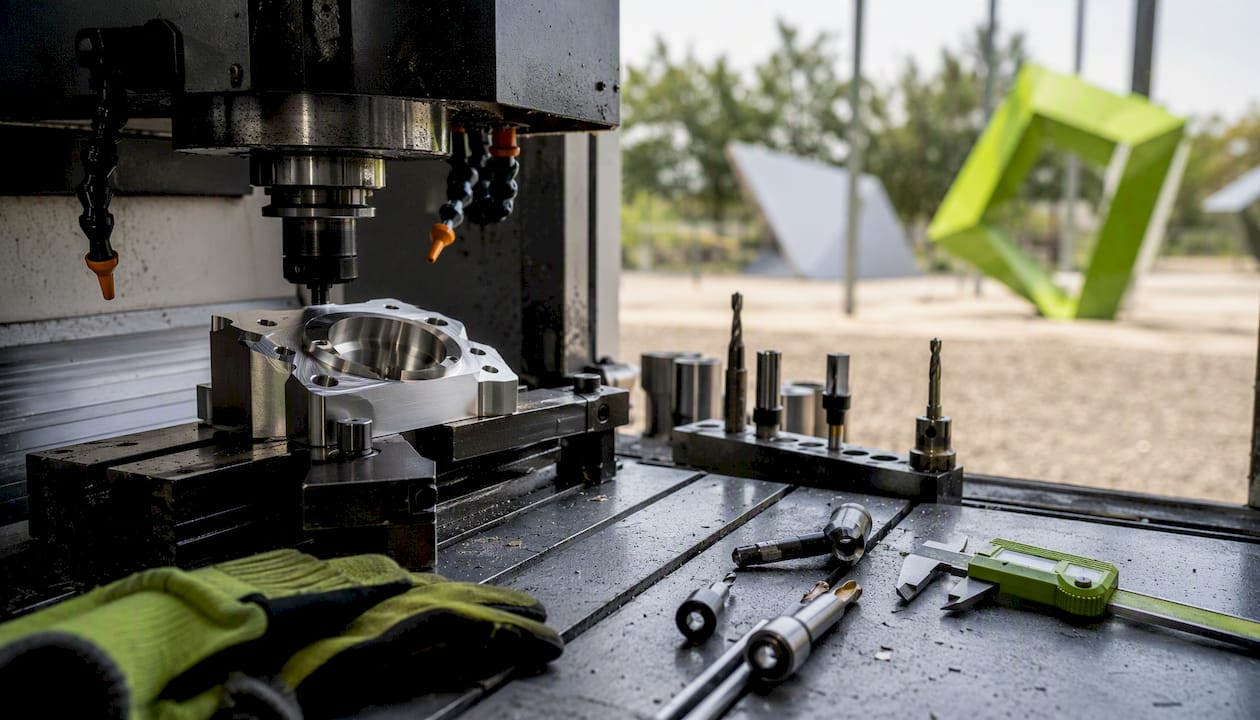Close-up of 316L stainless steel prototype on machining bench