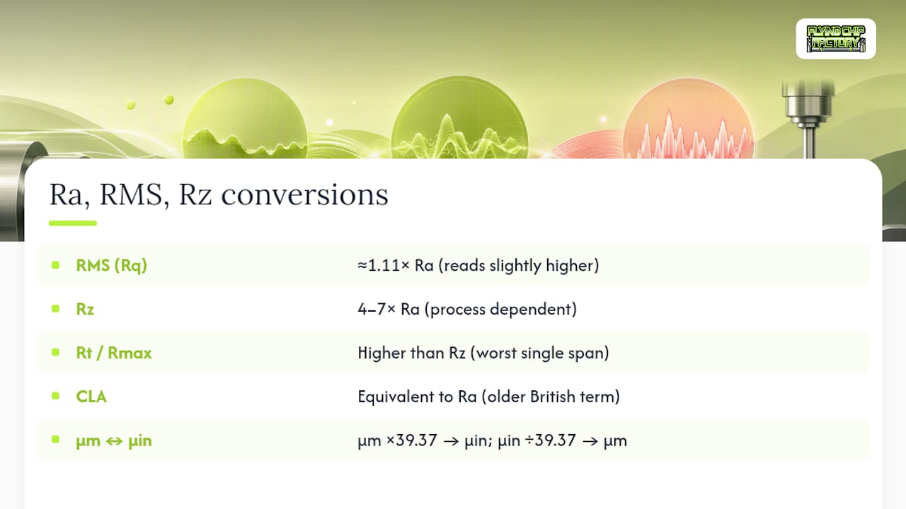 Surface roughness parameter conversions chart