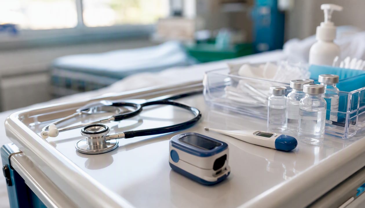 Close-up of nursing assessment tools on hospital bedside