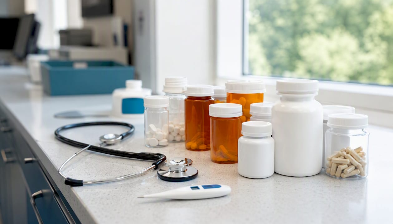 Medication bottles and clinical tools on nurse station counter