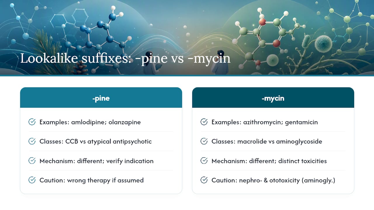 Diagram comparing lookalike drug suffixes and their clinical cautions