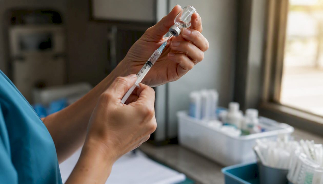 Close-up of nurse drawing medication into syringe