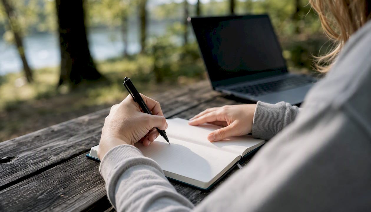 Hands writing in study log journal