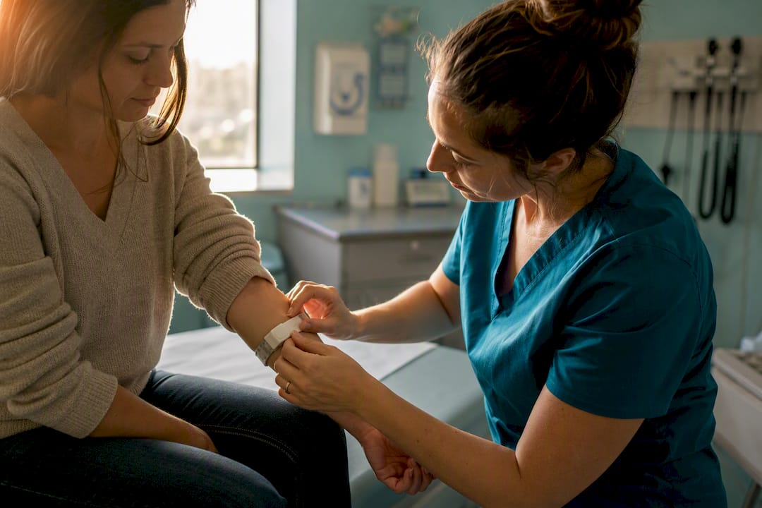 Nurse adjusting patient's medical monitoring device