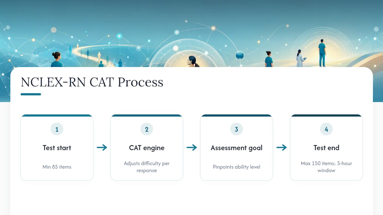 Diagram of NCLEX adaptive testing item counts and timing