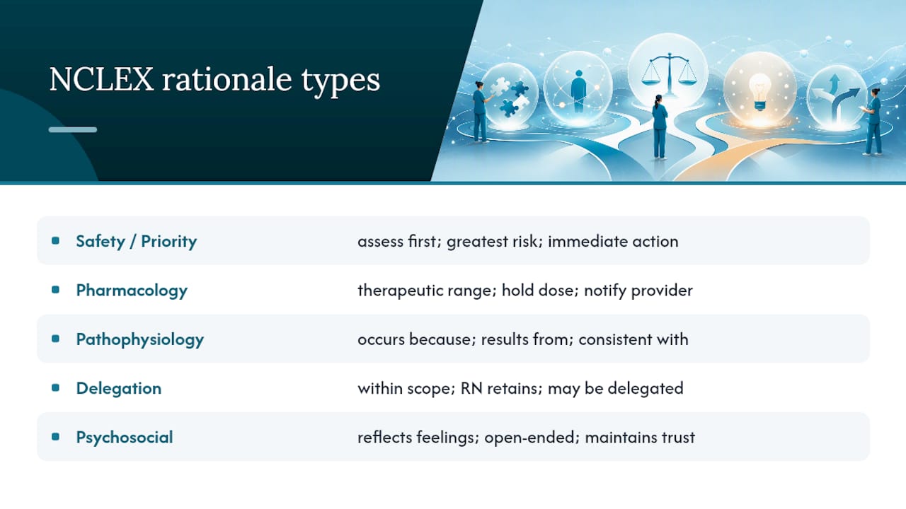 Diagram categorizing NCLEX rationale types