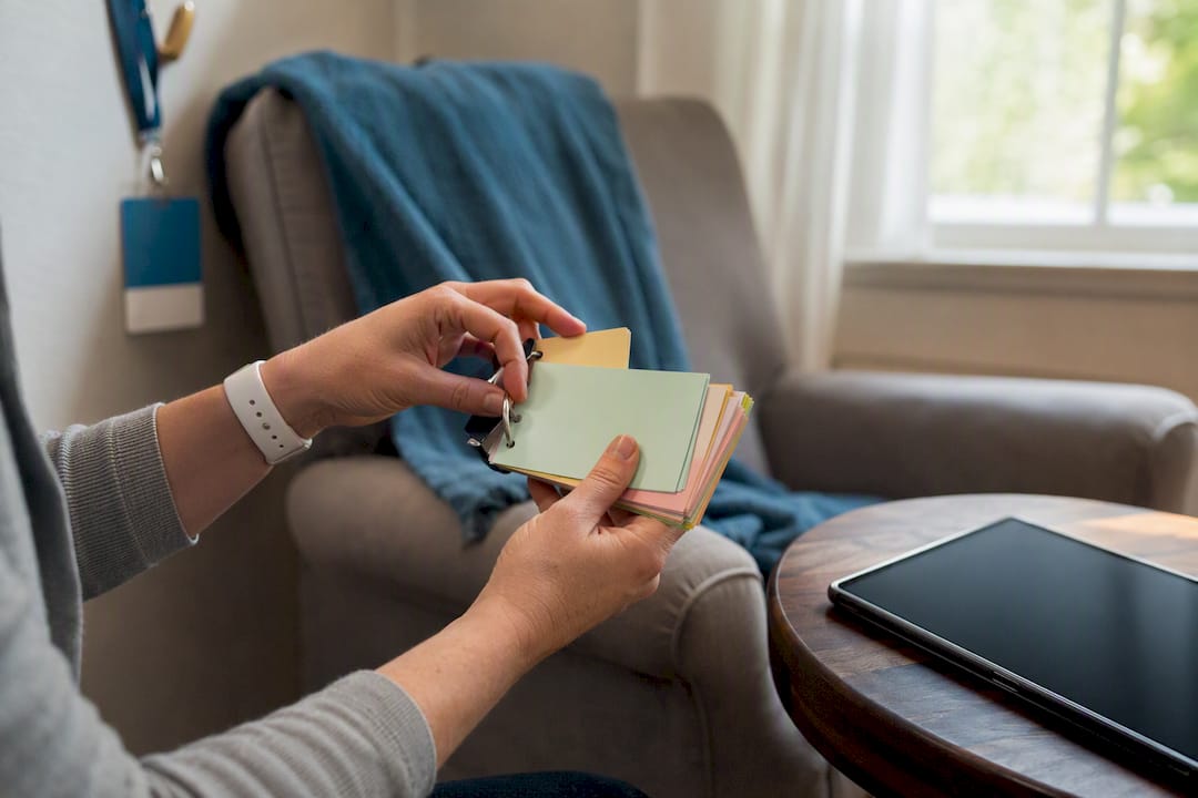 Hands flipping nursing grammar flashcards