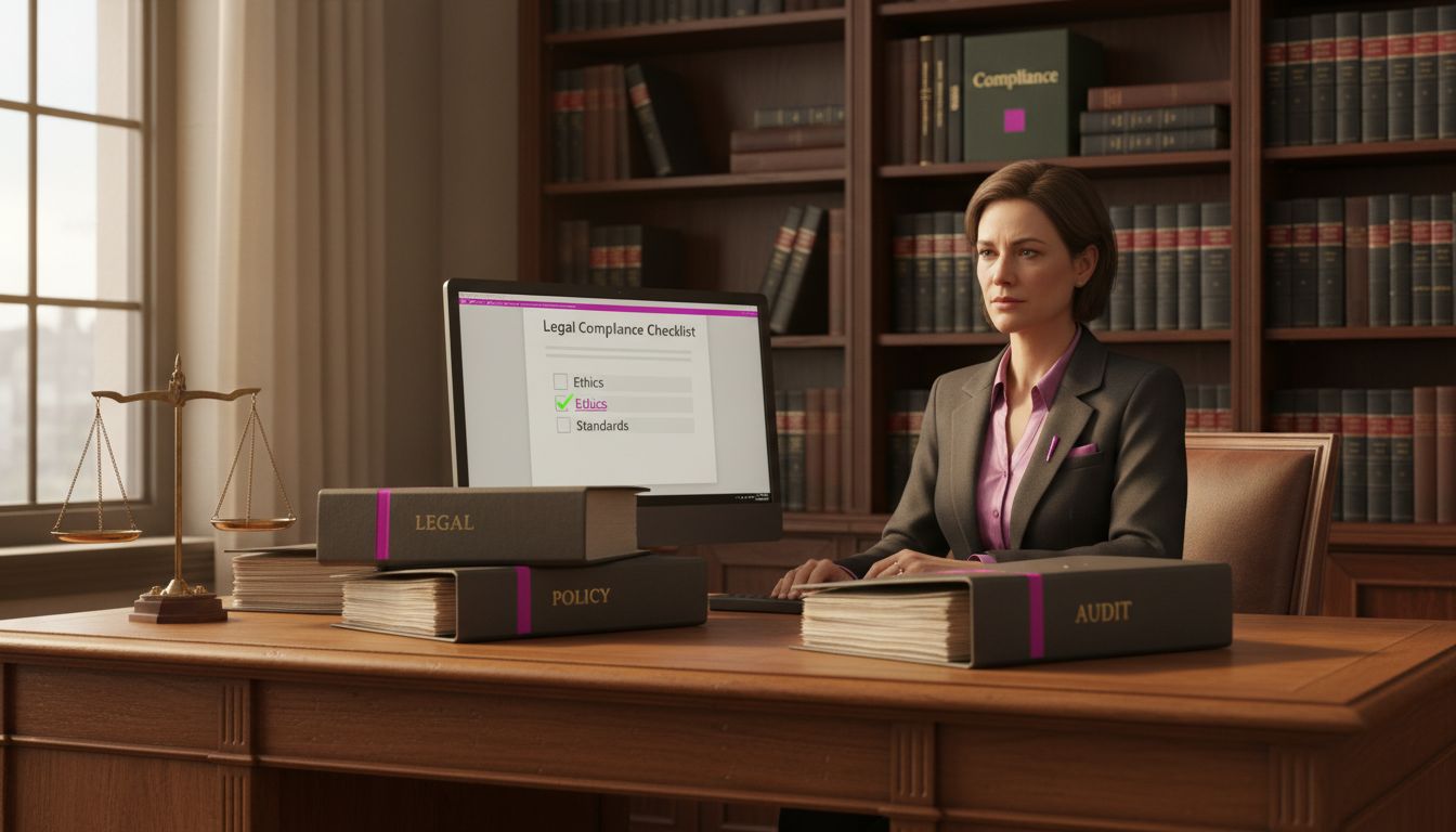 Law office with legal compliance documents and symbols