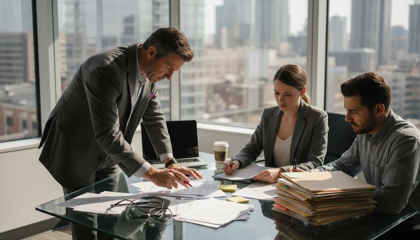Compliance team meets in corner office