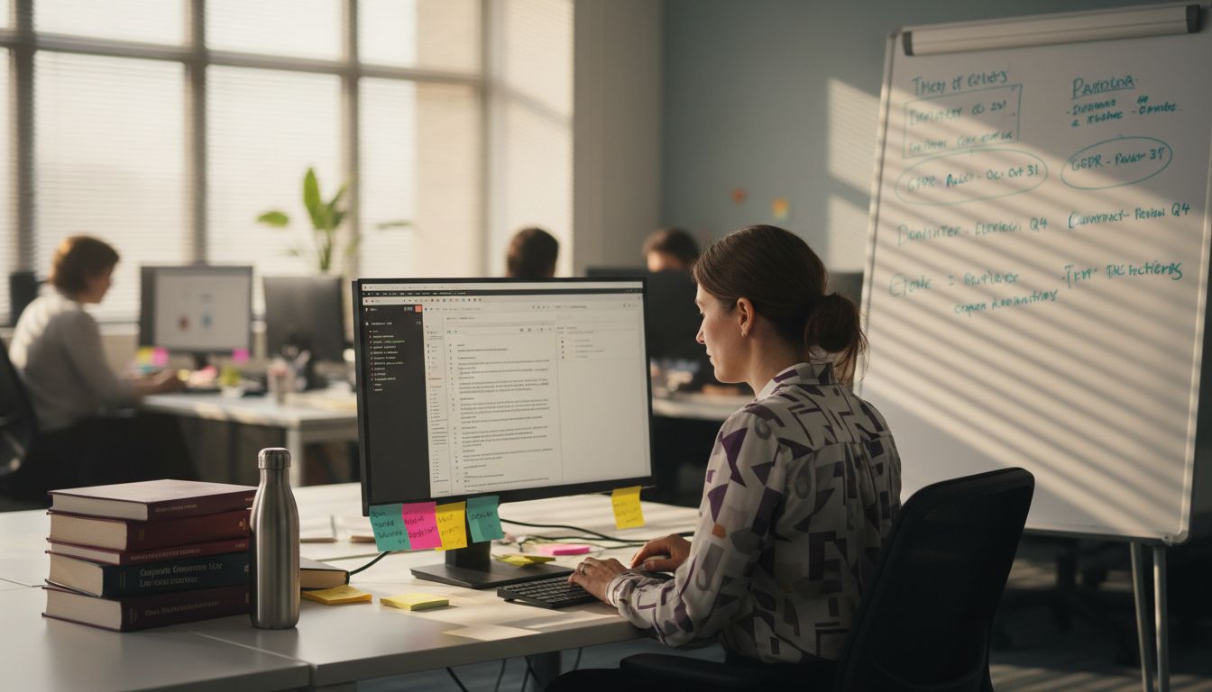Manager checking compliance policy at desk