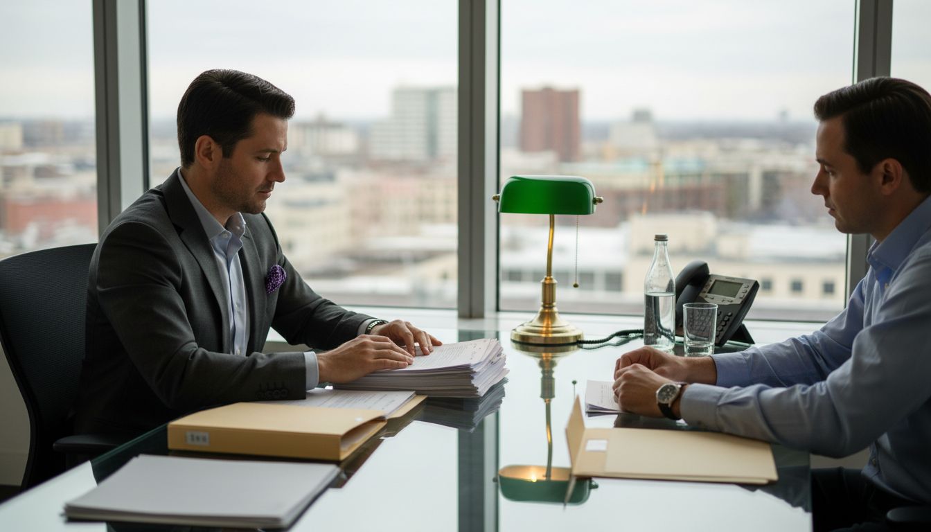 Legal team reviewing fintech documents in office