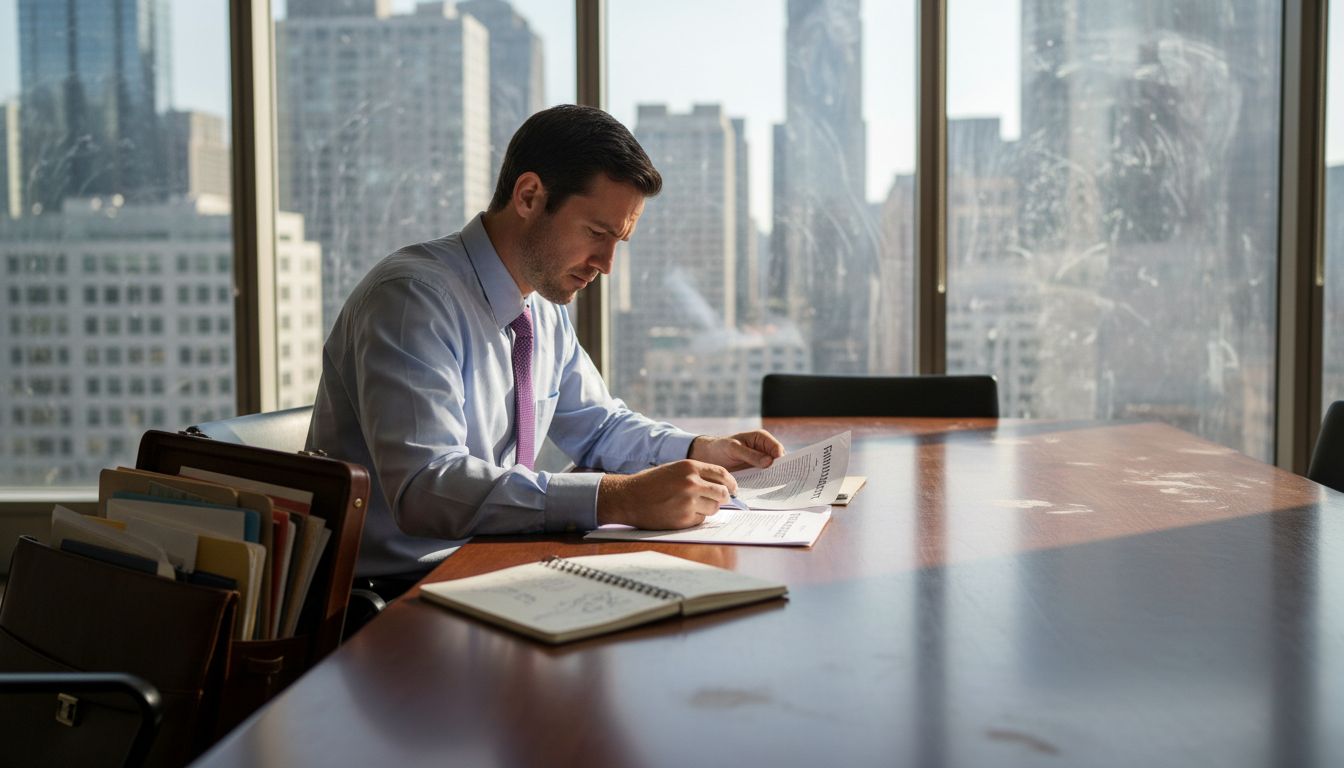 Lawyer reviewing fintech contract in boardroom