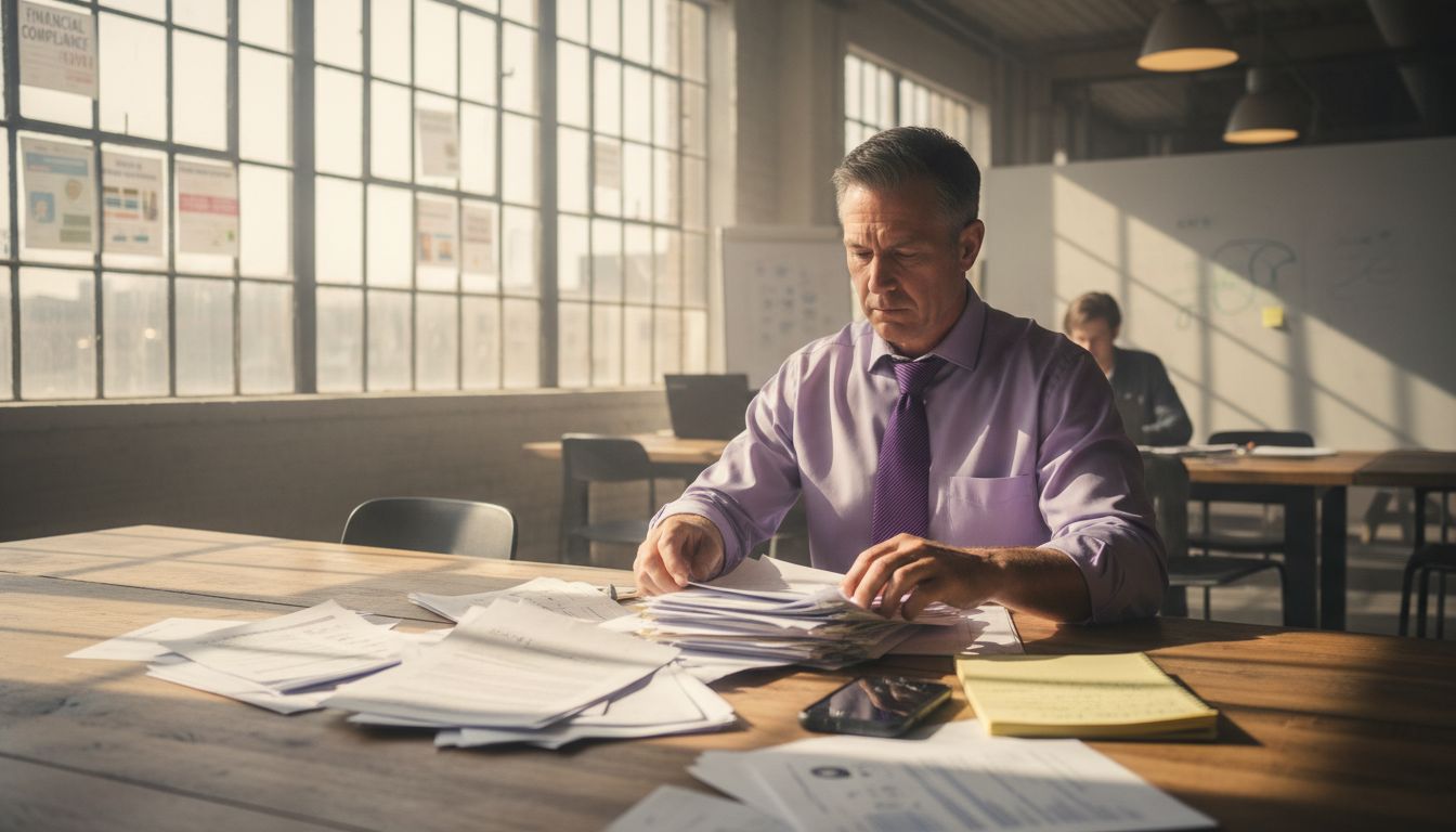 Fintech compliance officer reviewing sector paperwork