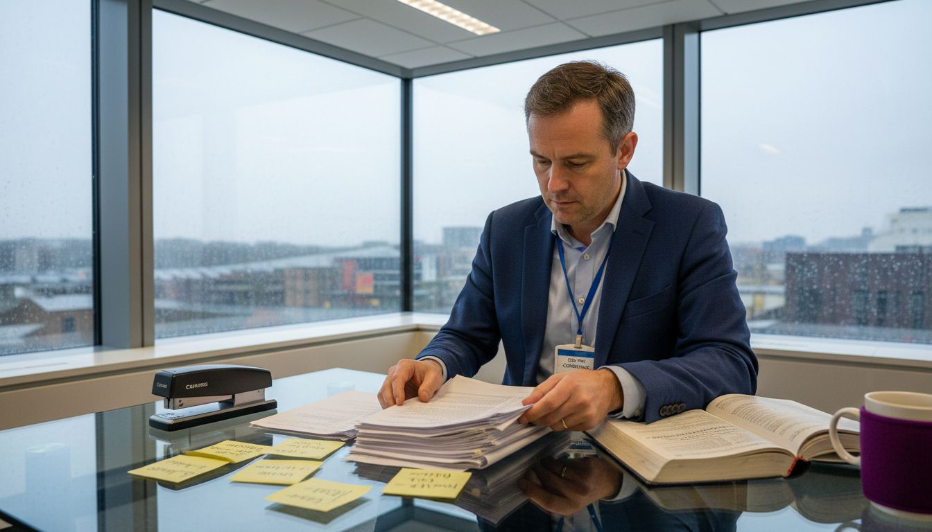 Compliance officer reviewing paperwork at office desk