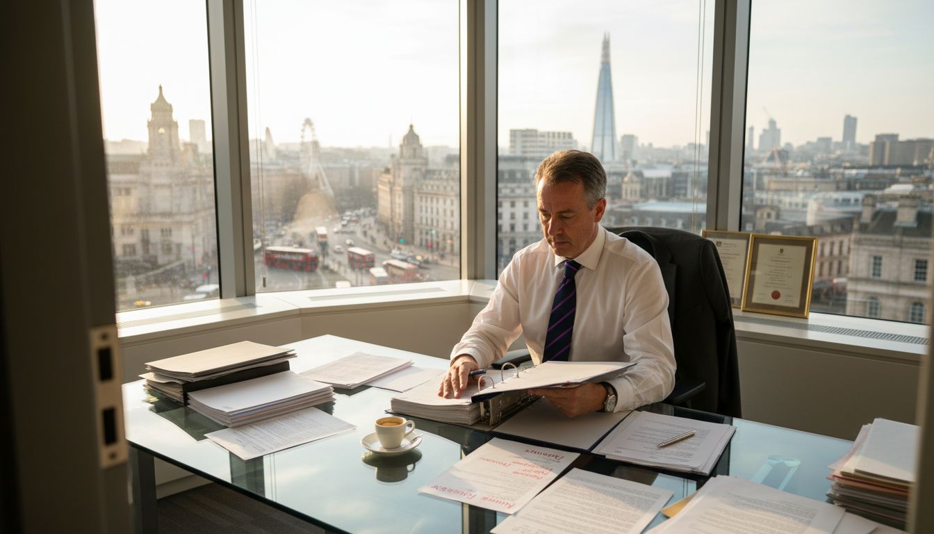 Legal counsel reviewing compliance documents in office