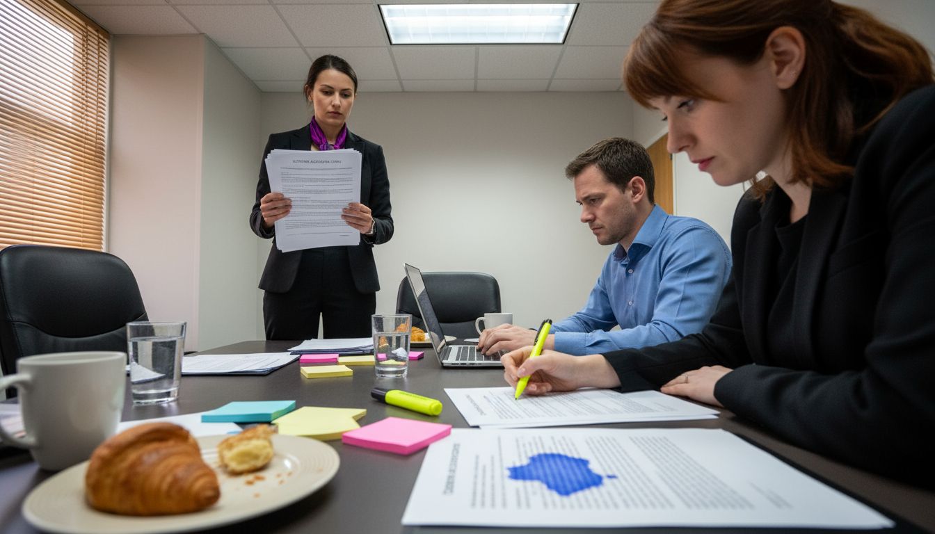 Legal team discussing licensing compliance paperwork